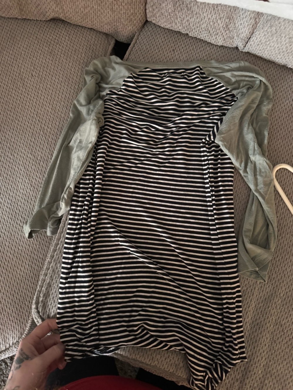 Maurices Black & White Striped Dress with Sage Green Long Sleeves